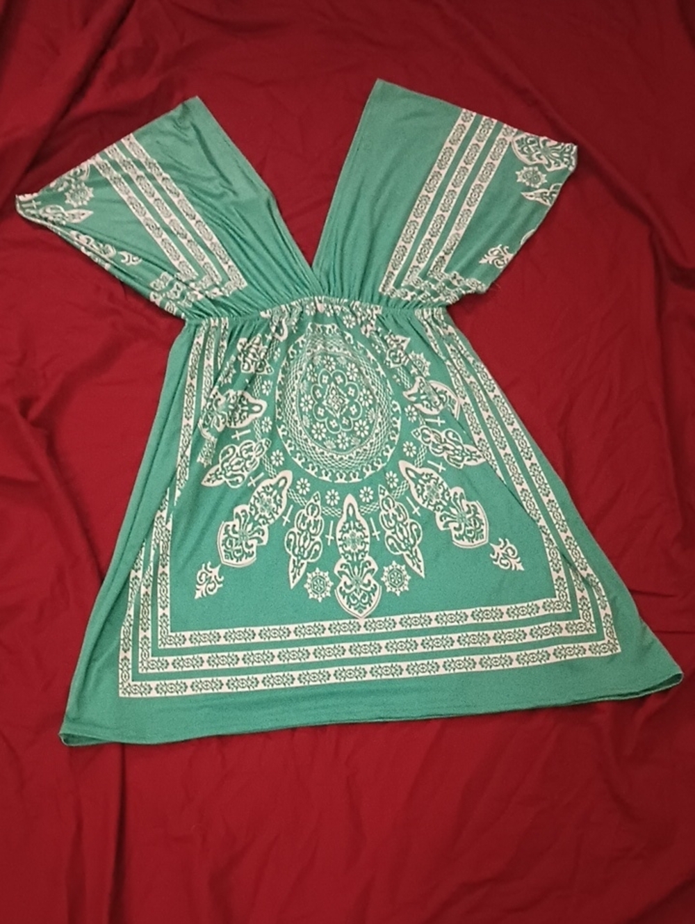 123 USA Teal Printed V-Neck Tunic Dress With Designs Flowy Whimsical Boho Size L